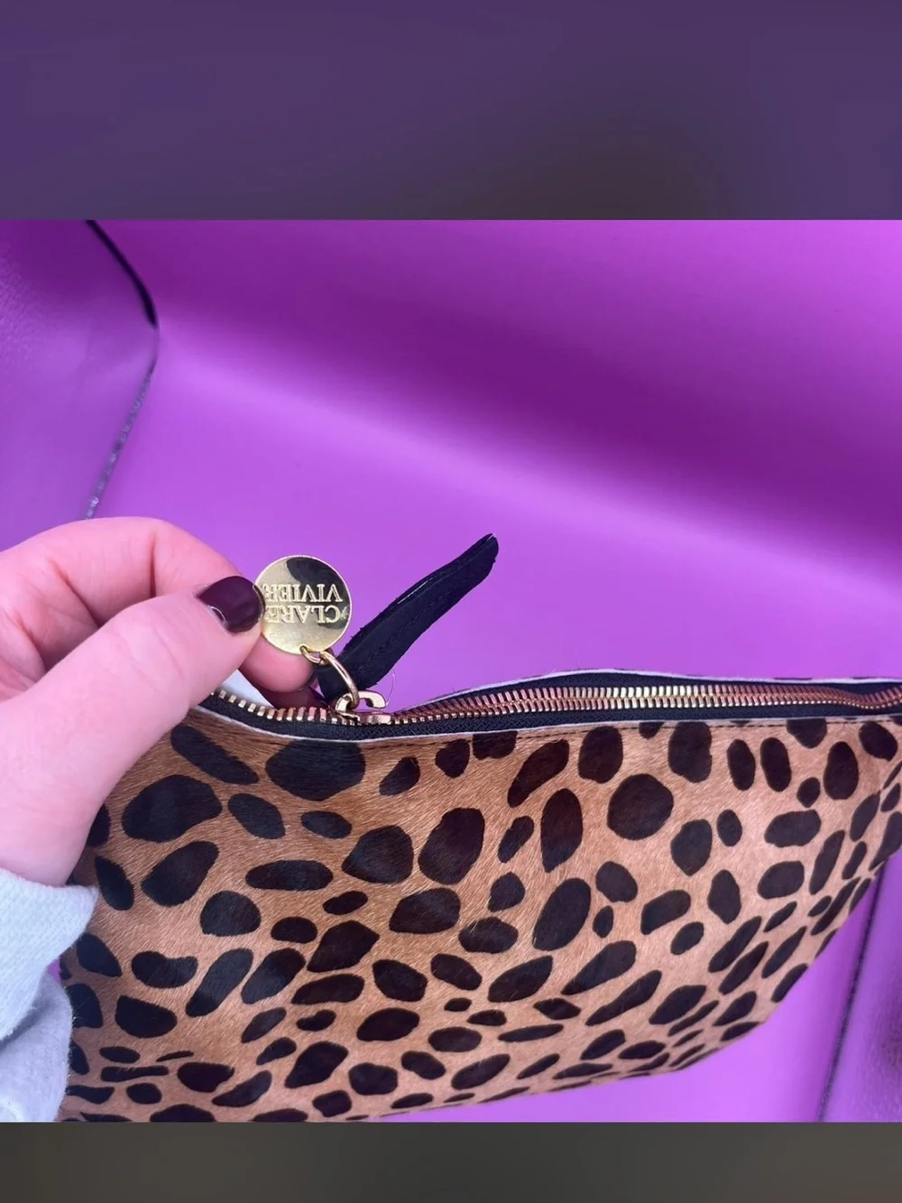 Clare V Leopard Print Zip Clutch in Tan and Black